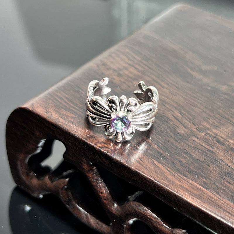 Chrome Hearts distressed iris cross open adjustable ring